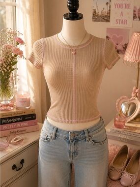 Papaya Ribbed Baby Tee Pink Contrast Stitch Top Y2K Coquette Size Medium